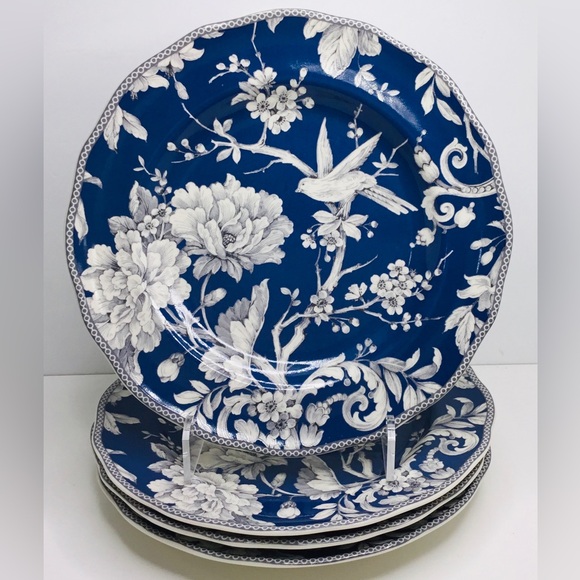 4 ~ 222 Fifth Adelaide Dark Blue Round Dinner Plates 10.75 “ NEW navy white